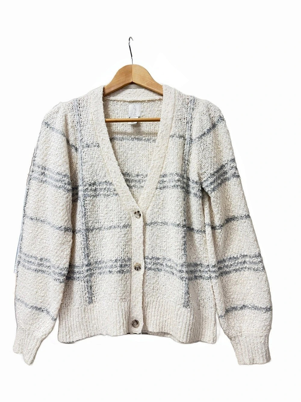 Joie Plaid Bouclé Button Front Cardigan Cozy Cream Gray Knit Sweater Size Sm